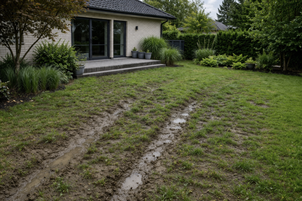 tänavakivide paigaldus Tallinnas enne - Mähel tallatud muru ja porine hoov