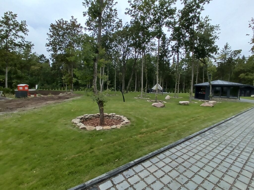 Värskelt paigaldatud siirdmuru ehk rullmuru eramaja aias